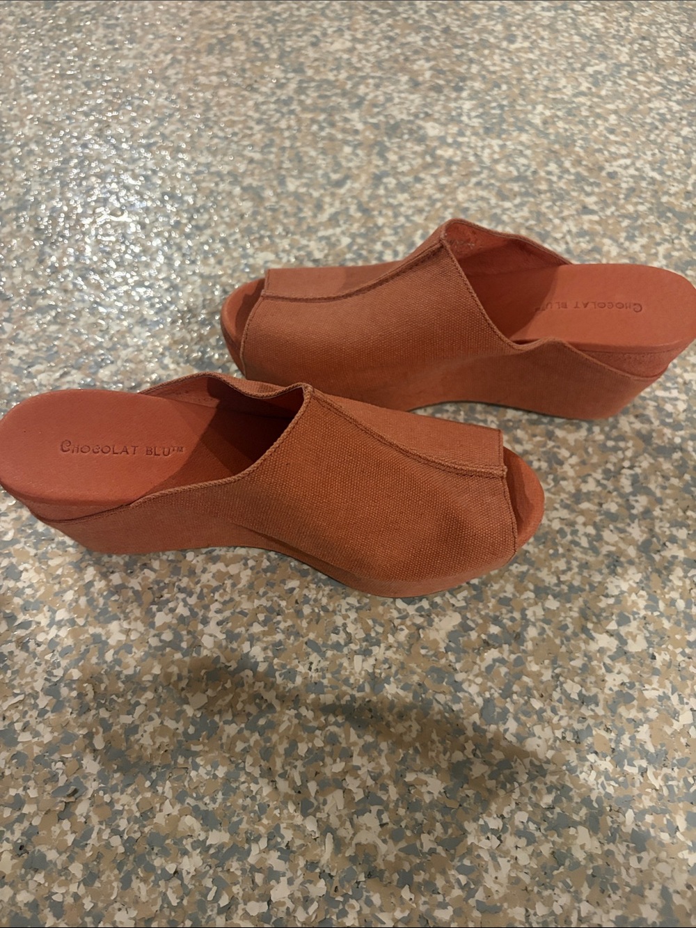 Chocolat Blu Women's Rust Orange Canvas leather Wedge Mules